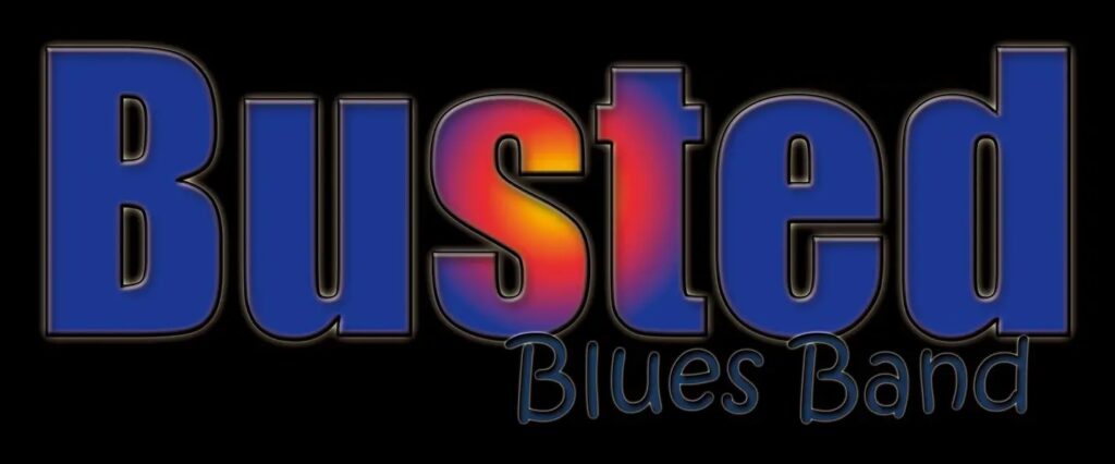 Busted Blues Band logo i blå og røde farver.