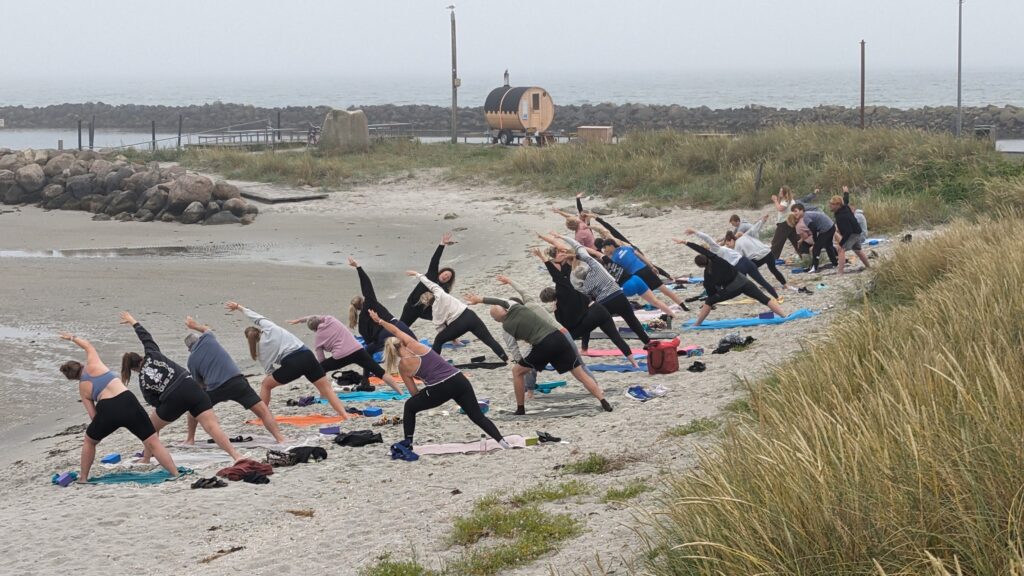 Yoga udføres i strandkanten ved Hou Mole. Marehalm til højre i forgrunden. Mobil sauna placeret på molen ses i baggrund.