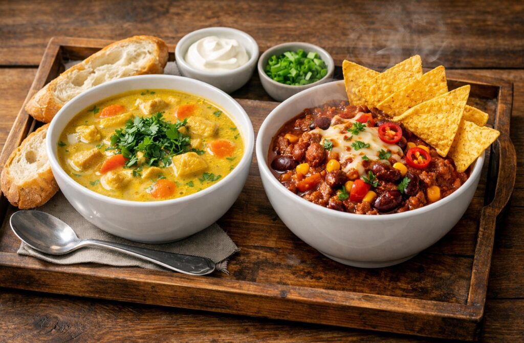 2 skål på en bakke. Den ene med karry suppe den anden med chilli con carne. mums