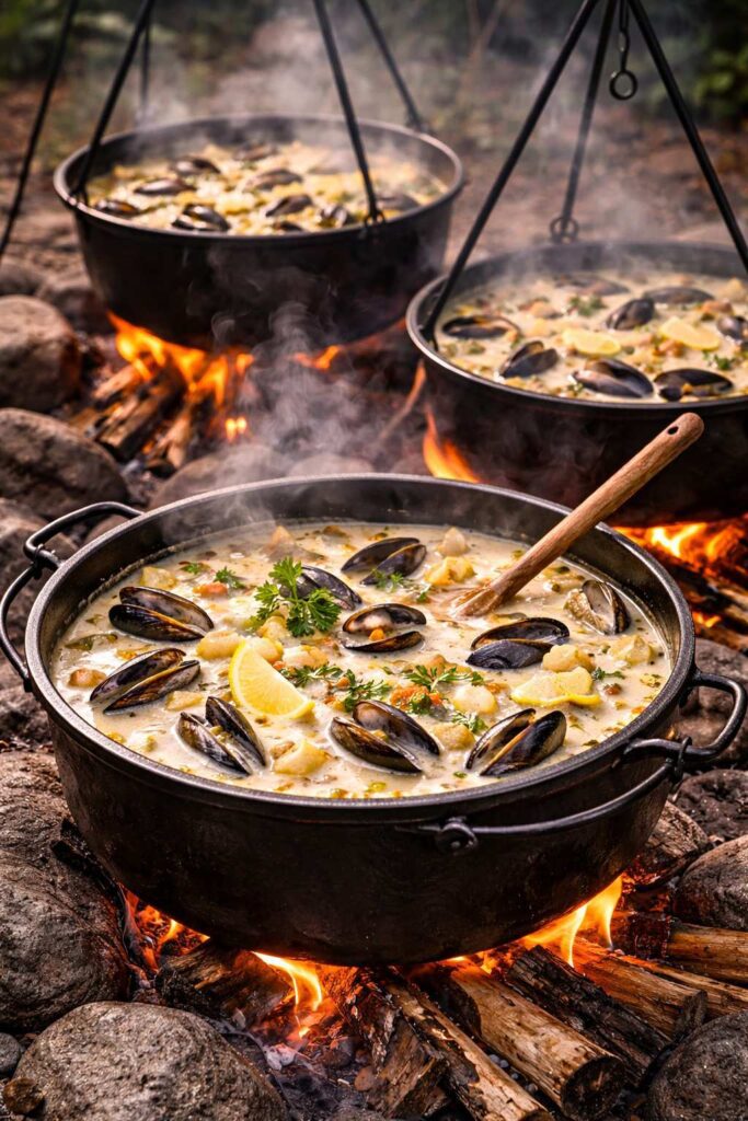 3 gryder muslingesuppe over bål